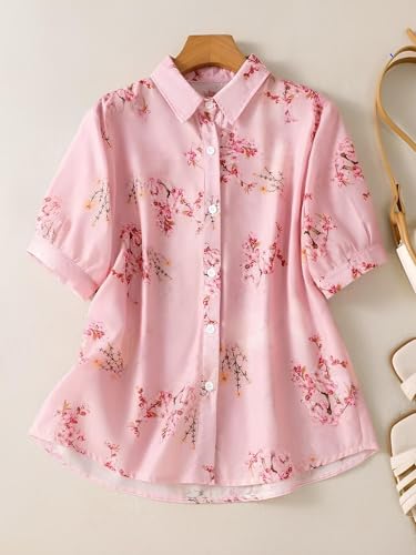 Image of Gufrina Women's Pink Floral Printed Button Down Western Shirt with Collared Neck and Half Sleeves in Relaxed Fit Style
