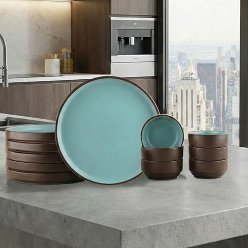 Image of BlackCarrot Ceramic Dinner Set, 12 Pcs, Brown Blue, Bone China Free