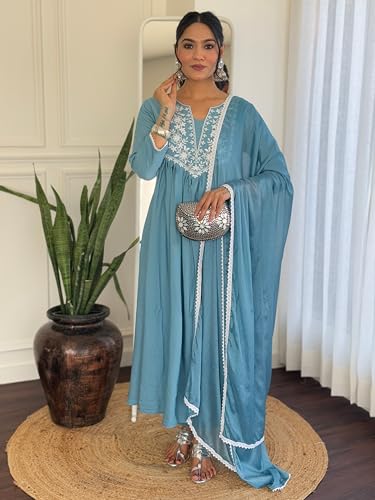 Image of Naixa Women's BSY Viscose Embroidered Flared Kurta with Pant and Dupatta Sets (Available in Plus Size) (NX-686)