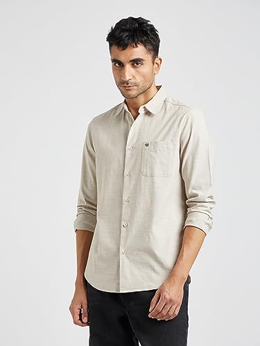 Image of THE BEAR HOUSE Men Beige Solid Slim Fit Cotton Casual Shirt|TBH-OSSA-BG
