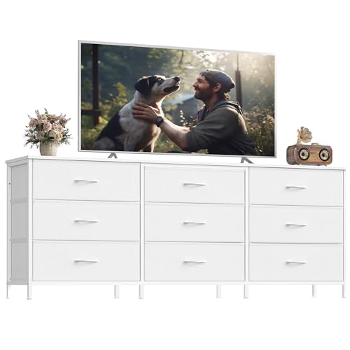 Image of SONGMICS Dresser with 9 Fabric Drawers, TV Stand for TVs Up to 70 Inches | Wide Dresser, Chest of Drawers for Bedroom and Living Room, Cloud White, BELLAH Collection ULGS233WH02S