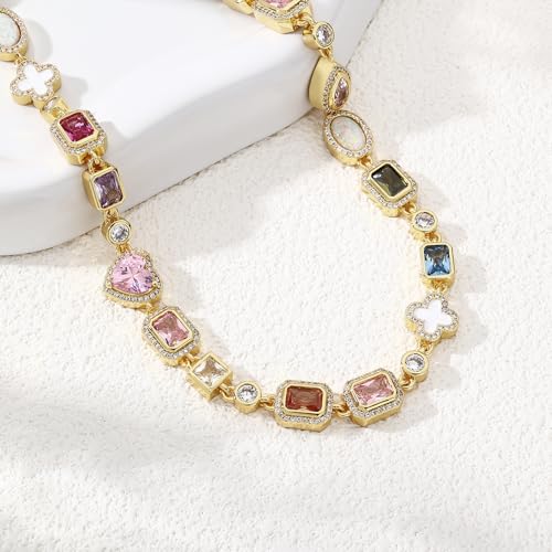 BREN Tennis Necklaces for Women - Gold Plated Gemstone Necklace Cubic Zirconia Chain Choker Necklace Colorful Necklace Rainbow Hip-Hop Jewelry Wedding Valentine's Day Gifts - Image 4