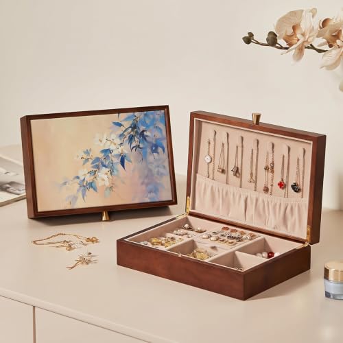 Homruilink Wooden Jewelry Box for Women, Magnolia Oil Painting Decor