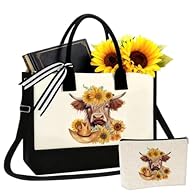 Adorable Themed Set: This 2pcs Highland Cow canvas tote bag and makeup bag set features a charming Highland cow print, perfectly blending adorable rustic aesthetics with everyday practicality. A delightful gift for animal lovers, adding a touch of fu...
