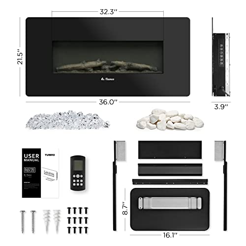Turbro 36 Inch Electric Wall Mounted Fireplace With Alternative Standing Base - Adjustable Flame Effects, Thermostat, Timer, Remote Control, 1400W Heater #TOP7