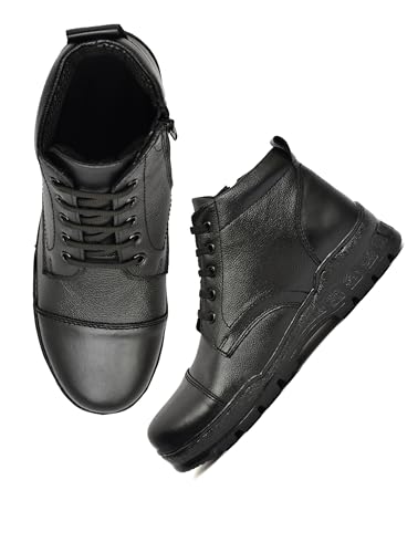 Image of Men's Genuine Leather Army Police Boots | Side Zip Military Tactical Boots | Anti-Slip Airmix Sole | High Ankle Security Duty Shoes | Comfortable Outdoor Combat Patrol Work Boots for Men