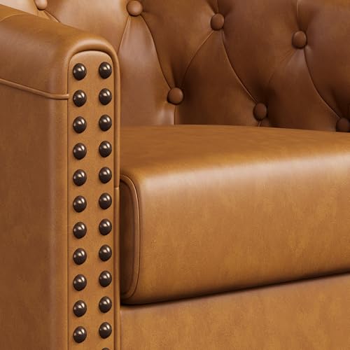 Image of Swivel Barrel Accent Chairs Set of 2, Round Faux Leather Living Room Arm Chairs, Modern Upholstered Comfty Reading Nook Chairs for Bedroom, Small Club Armchairs, Sofa Side Chairs, Brown
