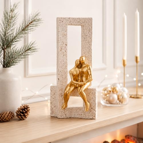 Image of Amazon Basics Graceful Abstract Couple Figurine for Home & Office Decor | Modern Romantic Sculpture Showpiece for Living Room, Shelf, Study Table & Bedroom Styling (Gold & Beige, 19 cm)
