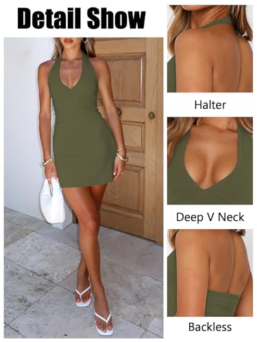 Image of Women's Sexy Halter V Neck Mini Dress for Women Summer Slim Fit Going Out Club Party Bodycon Short Dresses