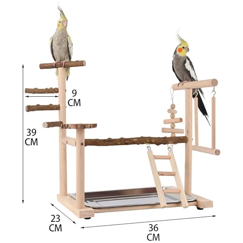 Image of RoseFlower Parrot Playstand, Bird Stand for Indoor, Wooden Bird Playground with Swing, Ladder, Perches and Removable Tray, L*W*H 14x9x15 Inch