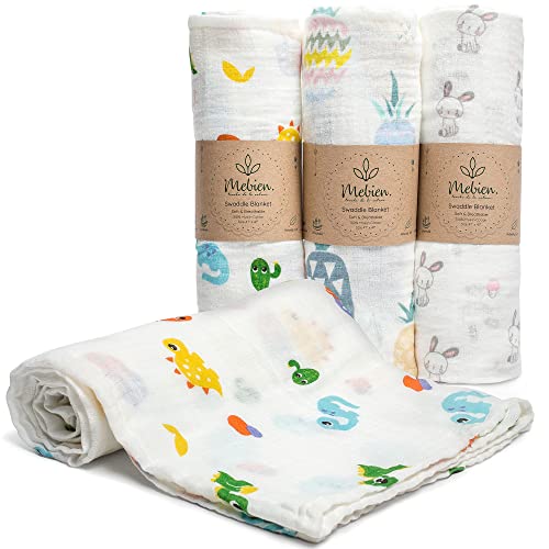 Neutral Muslin Swaddle Blankets - Ultra Soft Silky Baby Blankets - Unisex Pure 100% Cotton - Set of 3 - 41' x 41'