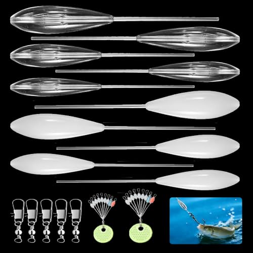 Kingrun 18 Piezas Bobber de Fundición de Pesca Set, Flotador de Fundición Set con 5 Triple Giratorios Pesca & 2 Tope de Caucho de Pesca, 6 20g Flotante & Lento Hundido, para Pesca de Trucha