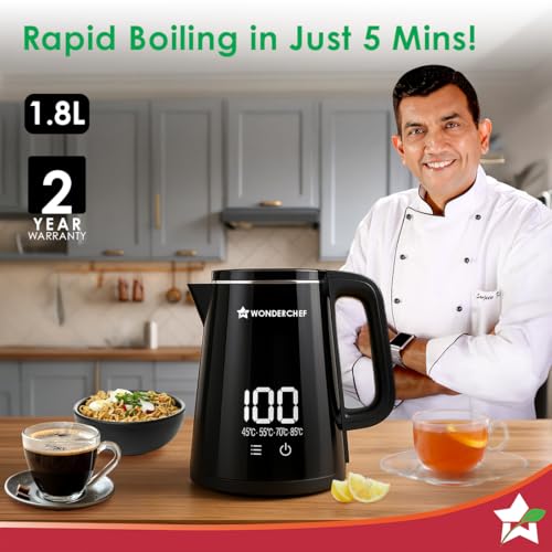 Image of Wonderchef Onyx Cool-touch Digital Kettle, 1.8 L, Stainless-steel Interior, 1350W, Choose from 4 Temperature Modes, Rapid Boiling in 5 Mins for Tea, Coffee, Instant Food, Auto Shut-off, 2-Yr Warranty