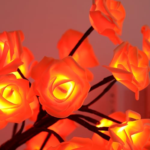 Image of Drawelry Rose Flower Tree Lamp - LED Rose Tree Table Lamp USB /Battery Powered Artificial Bonsai Flower Night Light for Bedroom Living Room Party Wedding Birthday Decor (Orange)