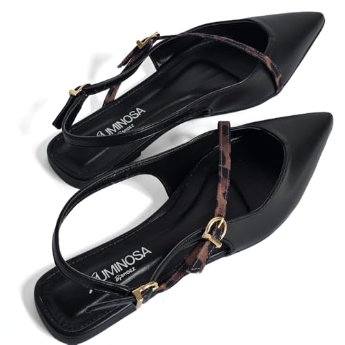 Image of LUMINOSA Women's Pointed-Toe Cross-Strap Flats - Black-Leopard Mix