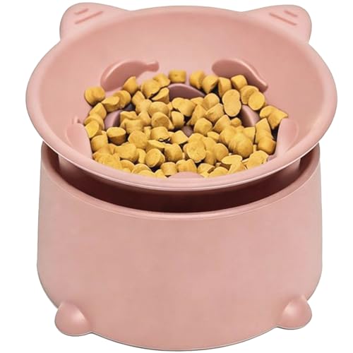 Raised Cat Slow Feeder Bowl, Silicone Elevated and Tilted Cat Bowl for Dry & Wet Food, Anti Vomiting, Adjustable Height Slow Feeder for Kitten Small Large Cats, Microwave & Dishwasher Safe - Pink