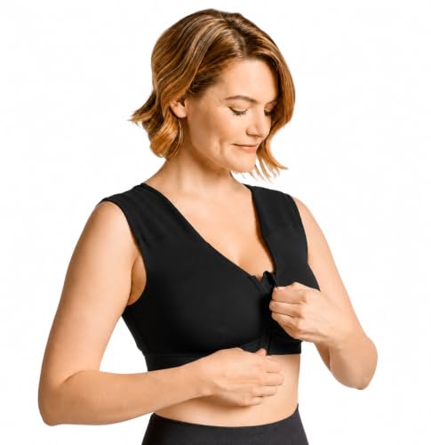 Image of Tommie Copper Shoulder Support Compression Bra with Front Zipper Closure Wireless Posture Corrector & Back Support Bra UPF 50