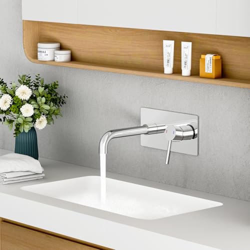 ROVOGO Wall Mounted Basin Mixer Tap with Escutcheon & Concealed Stainless Steel Body 304 for Bath or Tub, 2-Hole Bathroom Basin Tap with 360° Rotatable Spout, Single Lever Bathroom Sink Faucet Chrome