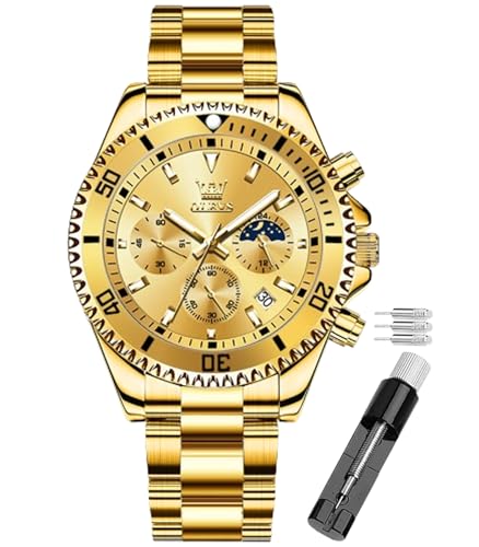 OLEVS Reloj de Esfera Verde para Hombres Moda simulación de Reloj de cronometraje Impermeable de Cuarzo, Reloj de Acero Inoxidable de Oro y Plata, Reloj de Pulsera Multifuncional para Hombres