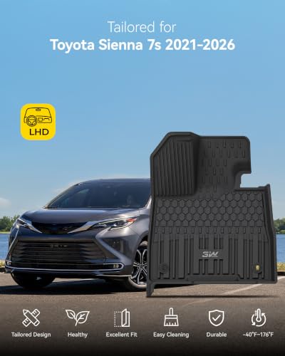 Image of 3W Floor Mats & Trunk Mat& Backrest Mats for Toyota Sienna 2021-2026 (Only for 7 Seat), TPE All Weather Custom Fit Floor Liner for Sienna 1st, 2nd and 3rd Row and Cargo Mat, Black