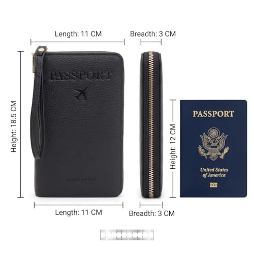 Image of Mensch Faux Leather Travel Passport Holder, RFID Blocking Premium Travel Document Organiser with Secure Zipper Closure Passport Cover & Travel Accessories for Men & Women (Black)