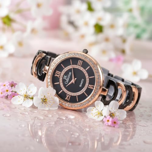 Image of IIK COLLECTION Watches for Women Round Studded Dial |Analogue Quartz Movemnet Ladies Watch|Long Battery Life|Stainless Steel Adjustable Bracelet Chain Strap|Double Lock Clasp Safety Watches for Girls