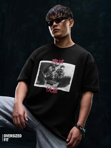 Image of The Souled Store Jujutsu Kaisen: Satoru Gojo Men and Boys Short Sleeves Round Neck Purple Graphic Printed Cotton Oversized Drop Shoulder Anime Streetwear Casual T-Shirts