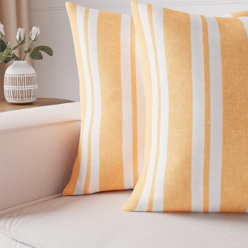 Image of Encasa XO Farmhouse Throw Pillow Covers Set of 2 (24x24 in) Franca Yellow Stripes | Decorative Cushion Covers No Inserts | Plaid and Stripes Pillow Covers for Living Room, Couch