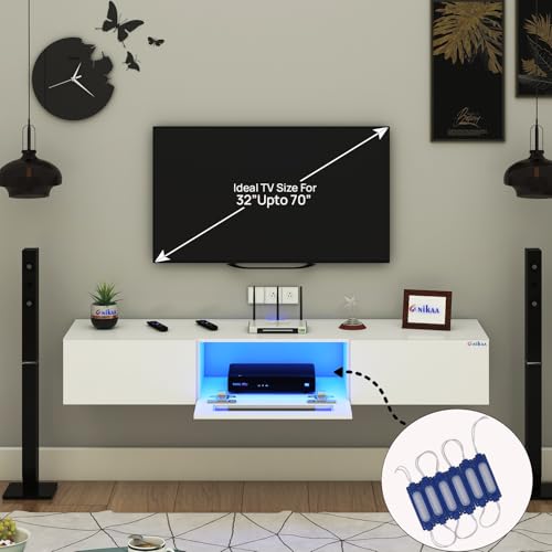 Image of Lucen Wall Mount Modern Floating TV Unit for Living Room | 3 Closed Storage cabinets with hinged Door - Blue Color LED Light | Ideal for UP to 65 Inch TV (White Finish - DIY Installation)