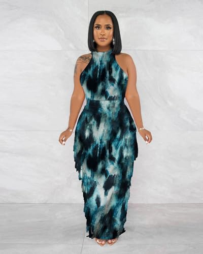 Image of 2 Piece Outfits for Women Sexy Halter Neck Sleeveless Crop Tops Ruched Bodycon Dresses Jumpsuits Fringe Skirt Sets