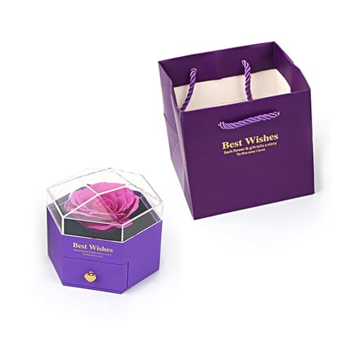 XAGMODSHN Elegante joyero hexagonal con flores preservadas, accesorio de regalo único para parejas de moda enamoradas para ocasiones especiales