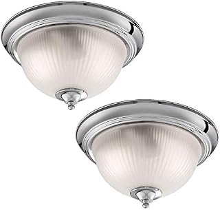 2 Pack - Polished Chrome & Frosted Ribbed Glass Bathroom Vintage Round Flush Ceiling Light 290mm | 2 x E14 SES Lamp Bulbs Required (Not Included) | IP44 Rated | Suitable for Outdoor Use