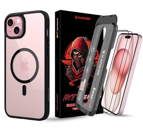 Image of KAPAVER Back Cover Case Compatible with iPhone 15 Plus (TPU+PC) (2 Clear TG + 1 Mag-X Black)