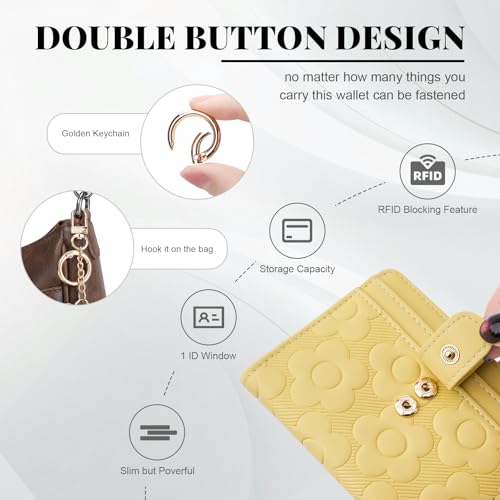 Image of RFID Wallet Women,Slim Small Wallets Embossed Flower Leather Bifold Compact Ladies Girls Wallet with Credit Card Holder Zipper Coin Pocket Yellow