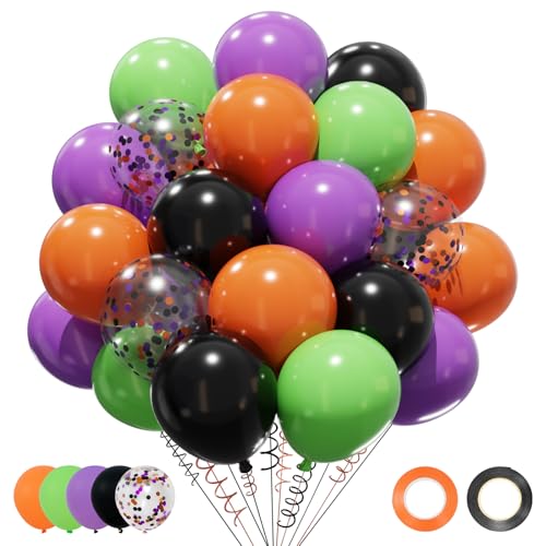 Patimate Halloween Decorations Balloons Set 50 pcs 12 inch Purple Green Orange Black Confetti Latex Balloons Kit for Halloween Baby Shower Birthday Bachelorette Trick or Treat Party Supplies