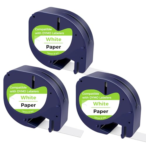 CNMTCCO Etikettenband für DYMO Letratag, 3er Pack Etikettenband kompatible mit DYMO Etikettenband 12mm x 4m, White Schriftband Funktioniert für Dymo Letratag LT-100T 200B, LT-100H XR Schwarz auf Weiß
