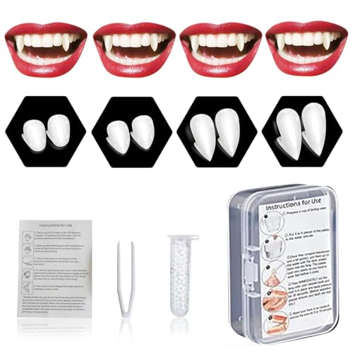 ROMANVIC 4 Pairs Vampir Zähne Kit 4 Größen Vampirzähne Halloween Cosplay Vampir Fangs Gefälschte mit 1 Rohr Zähne Pellets Klebstoff für Party Cosplay, Halloween, Demon, Witch