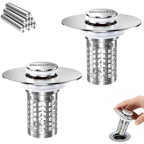 Bathroom Sink Stopper, (2PCS) Stainless Steel Pop-up Sink Stopper Hair Catcher with Removable Basket, Brass Bullet Core, Universal Fit 1.1-2.44 Inch