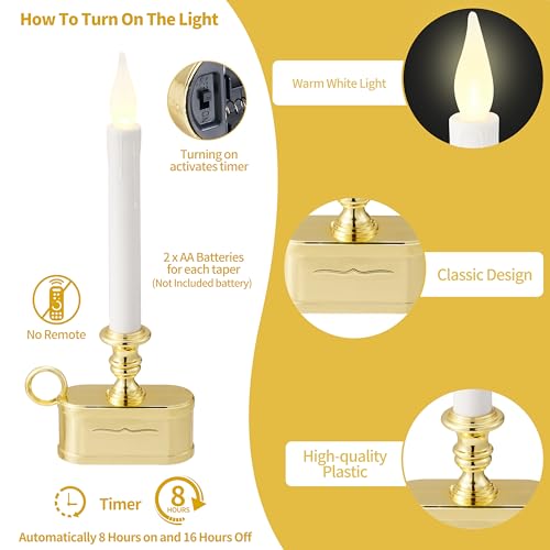 Image of Battery Operated Candles with Flickering Flame 1 Tier LED Window Candle 10.5 Inch Hight with Automatically Timer 8 Hours On /16 Hours Off, Gold Shine for Xmas Festival
