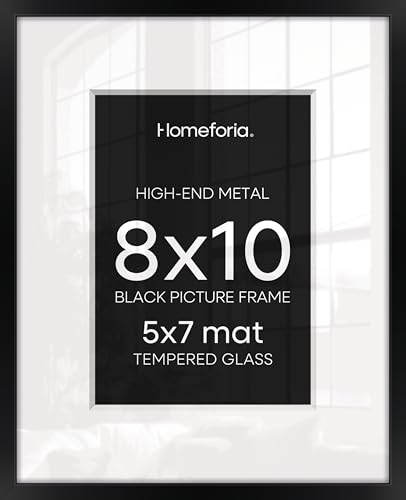 Image of Homeforia 8x10 Black Picture Frame, High-End Metal, 5x7 Mat, Glass | High End Aluminum, Tempered Glass, Acid-Free 5x7 Removable Mat, 8x10 in Edge-to-Edge Display 10x8, Wall Kit, Set Of 1
