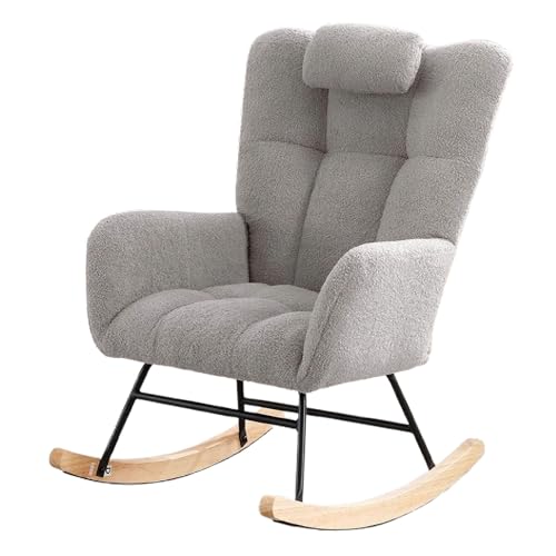 ロッキングチェア 揺れる椅子 リラックスチェア 北欧風 ハイバック ネックピロー付 アームレスト付き 1人掛け ソファチェア 室内用 読書椅子 ベランダ 寝室 客間 おしゃれ 快適チェア グレー