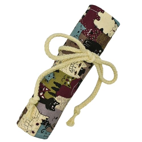 Image of Cat Canvas Pencil Wrap Case Kitty Colored Roll Up Holders Kitten Pencil Organizers for Artist Adult Sketch Travel Storage With 72 Slots(Animals)