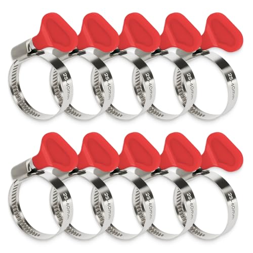 10 fascette stringitubo inox 25-40 mm, morsetti tubi, clip tubi, collari tubi regolabili con manopola rossa, serraggi resistenti, uso senza chiave, per giardino, piscina, bricolage, cucina