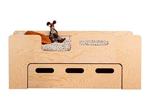 SMARTWOOD PIPI L Kinderbett 90x200 mit Lattenrost und Schublade - Holz Kinderbett mit Rusfallschutz für Jungen & Mädchen - Montessori Bett mit schubladen und Lattenrost 200x90 cm - Naturalholz Cover