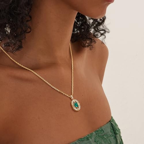 Fettero Gold Necklace for Women,14K Gold Plated Charm Necklaces for Women Gemstone Pendant Necklace Non Tarnish Gold Necklaces Jewelry