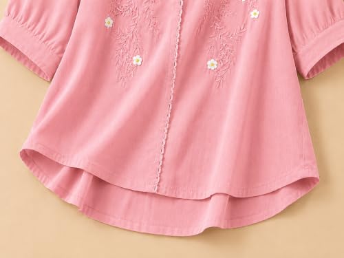 Image of RIEKA Womens Embroidered Korean Style Top and Tunic; V Neck| Floral Thread Embroidery| Three Quarter Puff Sleeves |Relaxed Fit Curved Hem| Casual Everyday Fusion Top