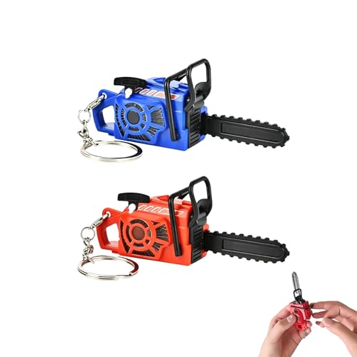 2-Pack Chainsaw Keychain with Pullable Rope Miniature Pull-Start Chainsaw Keychain Stress Relief & Decorative Use (Red + Blue)