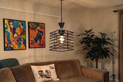 Image of Prop It Up Modern Square Cage Pendant Light for Bedroom & Living Room | Industrial Hanging Ceiling Lamp with Metal Frame | Stylish Decorative Lighting for Home, Cafe & Dining Area | E27 Holder
