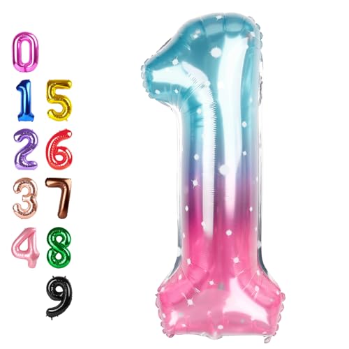 Image of Number Balloons 1 Balloon 40 inch for 1 Birthday Decorations, Blue and Pink | Saturated Color, Large 40 in, With Inflation Straw & Hanging Hole, Great for Men's Party, Back-To-School Season, Pool Party