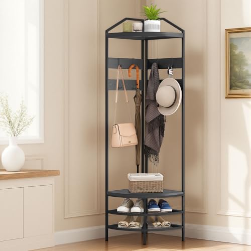 HOMCOM Corner Hall Tree Industrial 4-Tier Coat Rack with Shoe Storage 8 Movable Hooks and 2 Storage Shelves Freestanding Entryway Coat Rack with Steel Frame for Hallway Black